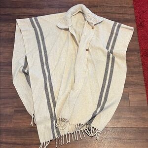 Cream and Gray Striped Poncho - 100% wool